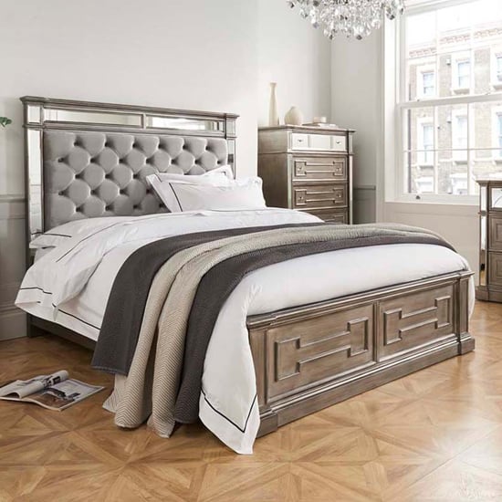 Read more about Opel mirrored wooden king size bed in silver and grey