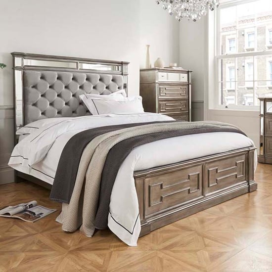 Photo of Opel mirrored wooden king size bed in silver and grey