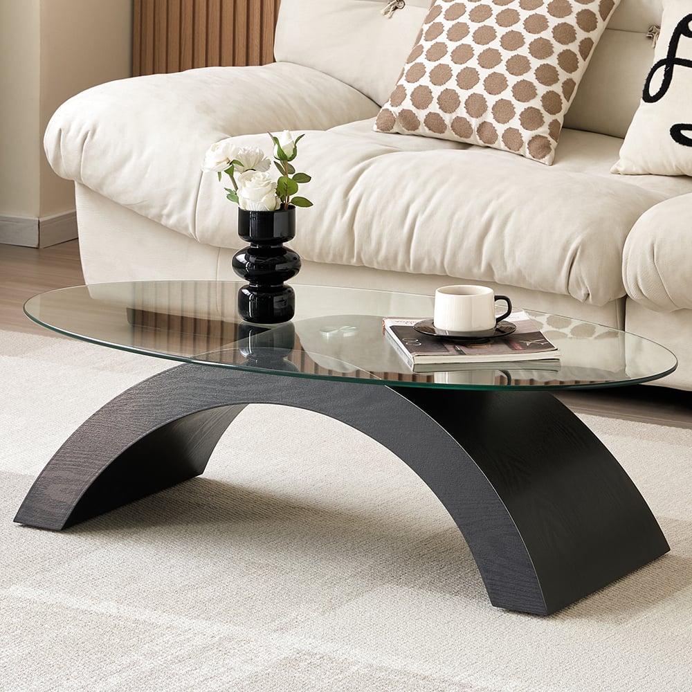 Opel Oval Clear Glass Coffee Table With Black Oak Wooden Base
