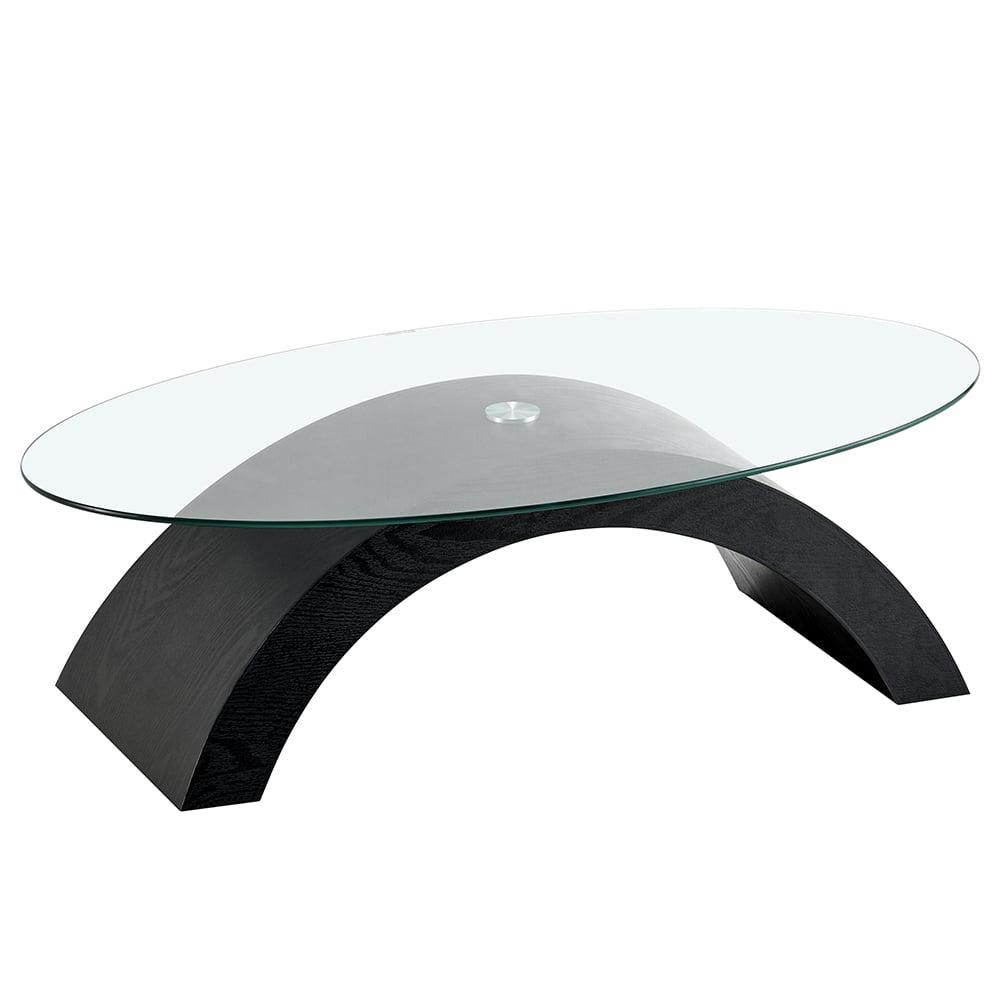 Opel Oval Clear Glass Coffee Table With Black Oak Wooden Base