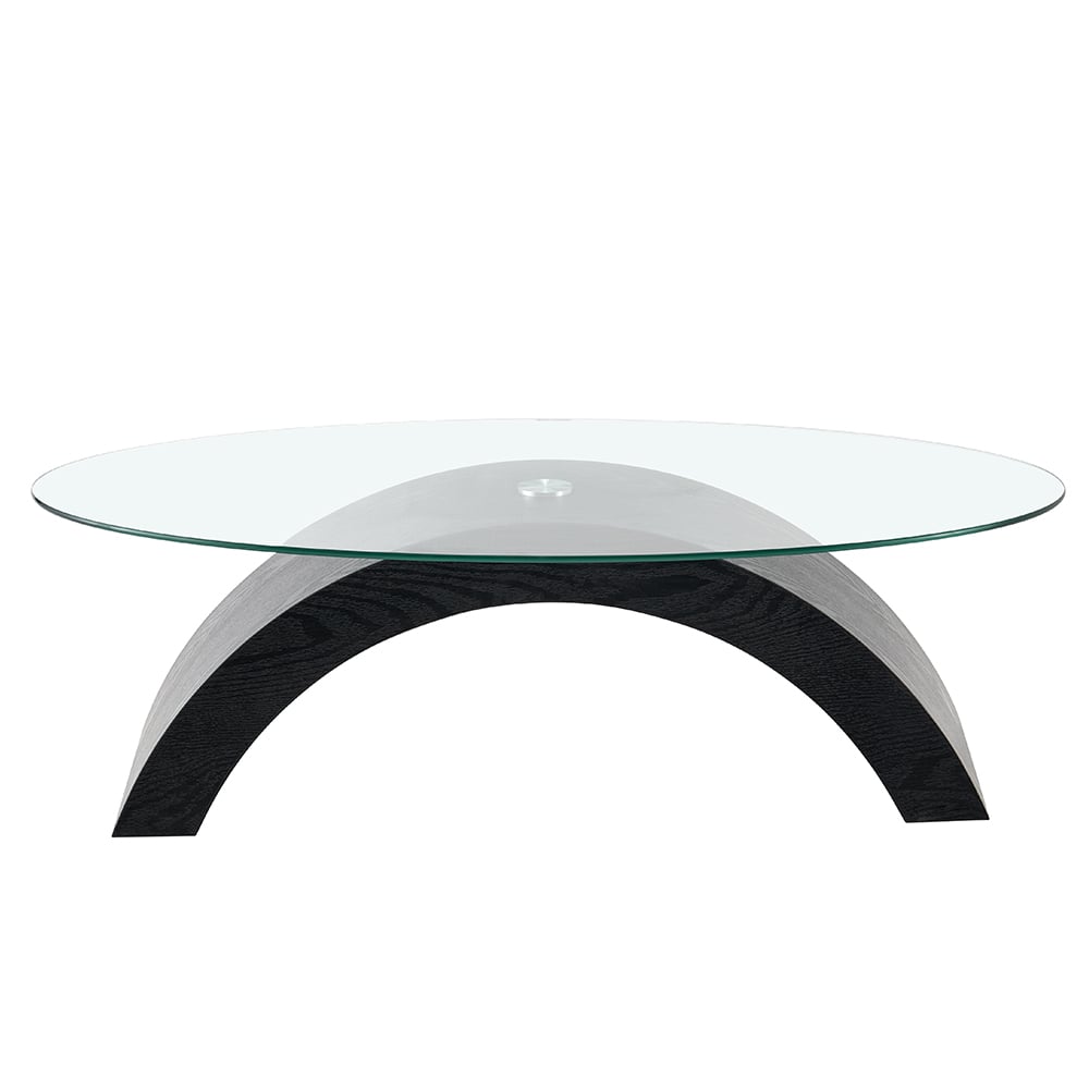 Opel Oval Clear Glass Coffee Table With Black Oak Wooden Base