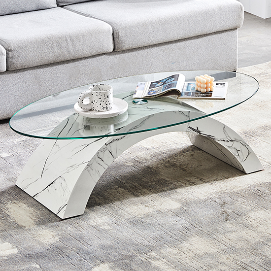 Product photograph of Opel Oval Clear Glass Coffee Table With Vida High Gloss Base from Furniture in Fashion