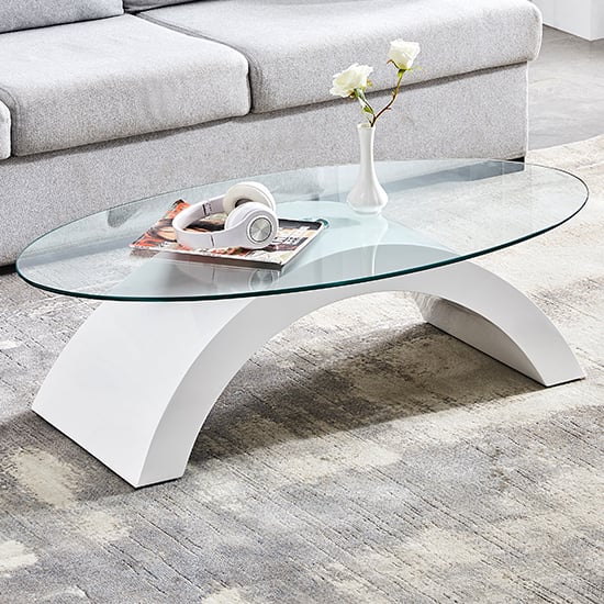 Opel Oval Clear Glass Coffee Table With White High Gloss Base