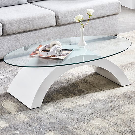 Product photograph of Opel Oval Clear Glass Coffee Table With White High Gloss Base from Furniture in Fashion