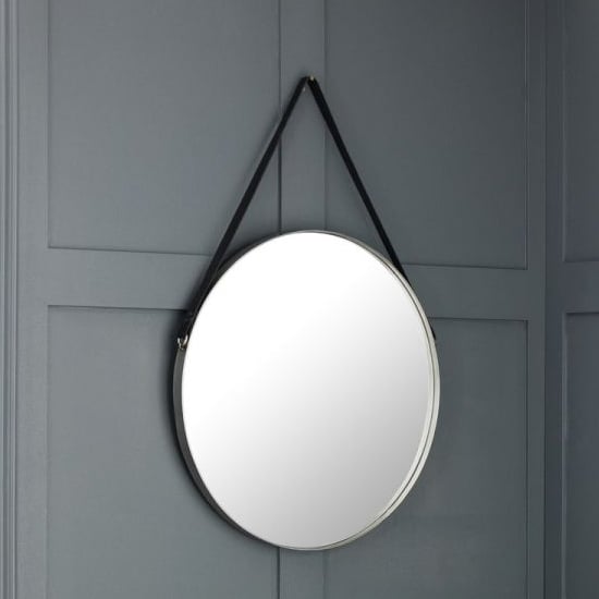 Opera Round Pewter Mirror With Black, Round Mirror With Leather Strap