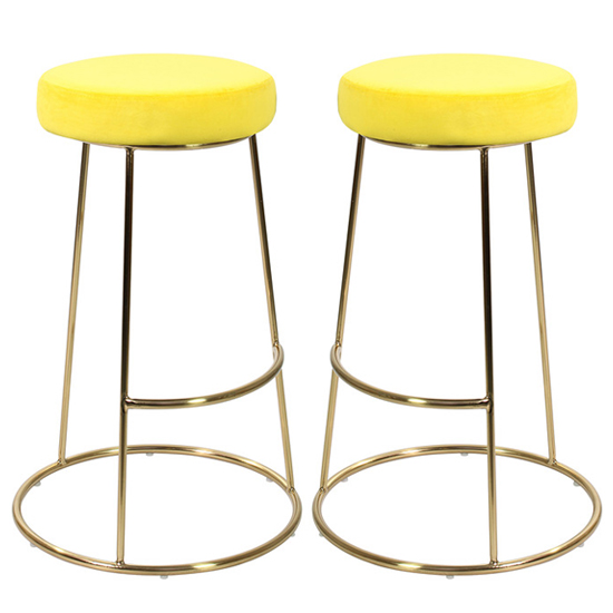 Read more about Operon yellow velvet bar stools with gold frame in pair
