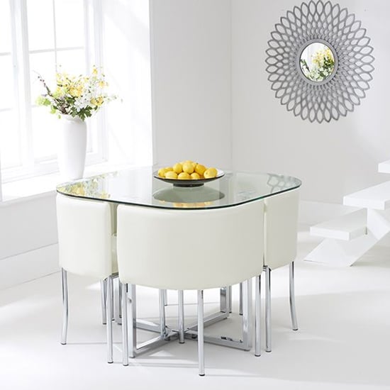 Ophiuchus Glass Dining Table In Clear With 4 Cream Chairs_2