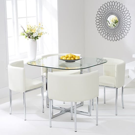 Ordell Glass Dining Table In Clear With 4 Cream Chairs