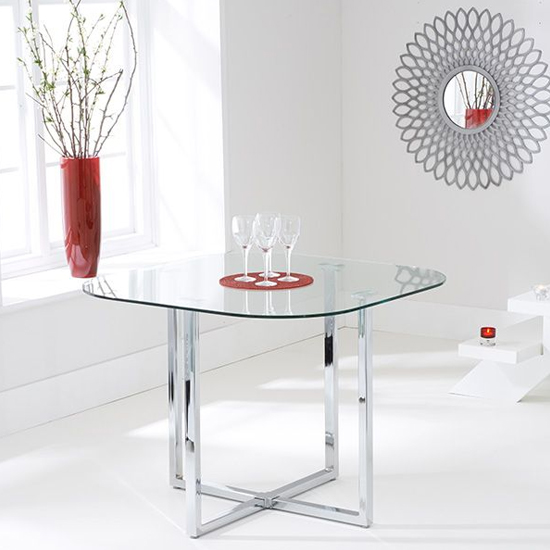 Ordell Glass Dining Table In Clear With 4 Grey Chairs_3