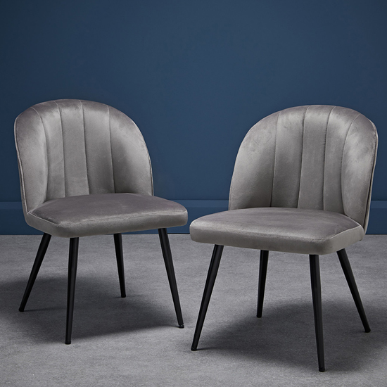 Orzo Grey Velvet Dining Chairs With Black Legs In Pair Furniture in
