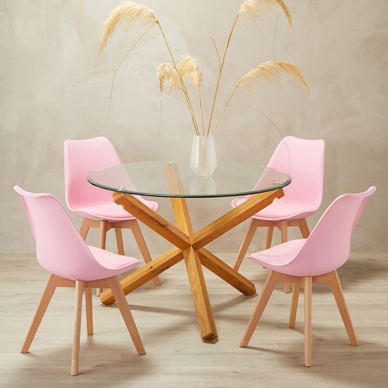 Onich Large Glass Dining Table With 4 Louvre Pink Chairs