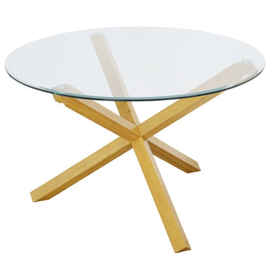 Photo of Opteron round clear glass dining table with oak legs