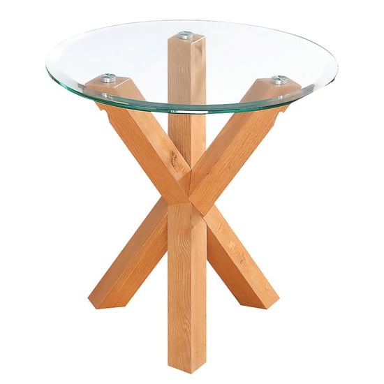 Read more about Opteron round clear glass lamp table with oak legs