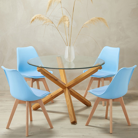 Read more about Opteron round glass dining table with 4 livre blue chairs