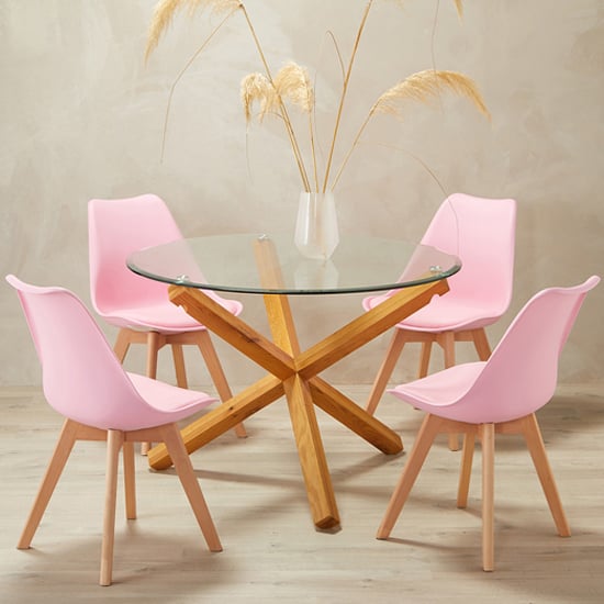 Read more about Opteron round glass dining table with 4 livre pink chairs