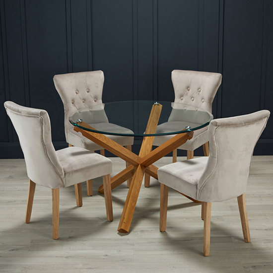 Read more about Opteron round glass dining table with 4 nipas champagne chairs