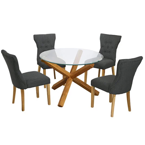 Opteron Round Glass Dining Table With 4 Nipas Grey Chairs_1