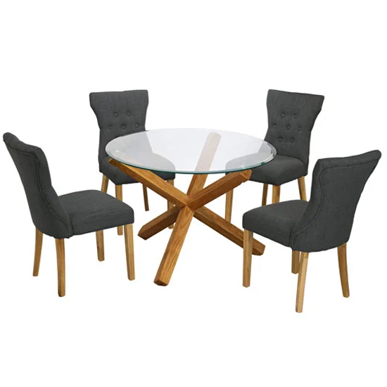 Read more about Opteron round glass dining table with 4 nipas grey chairs