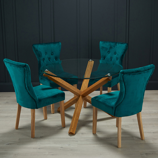 Read more about Opteron round glass dining table with 4 nipas peacock chairs