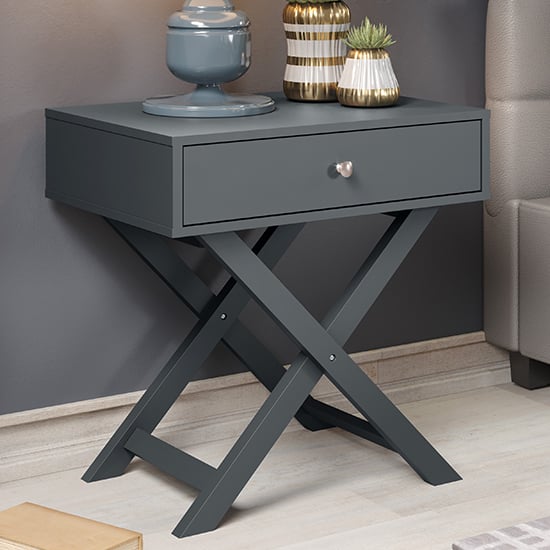 Photo of Outwell wooden bedside cabinet in midnight blue with x legs