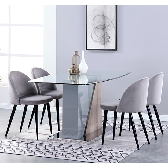 Opus Glass Dining Set With 4 Candy Grey Velvet Chairs
