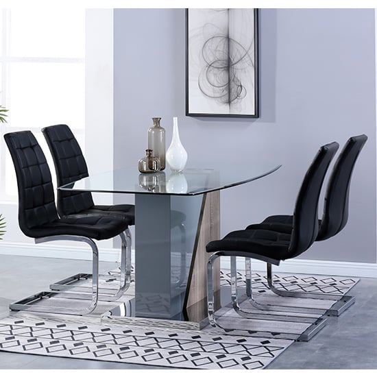 Opus Glass Dining Set With 4 New York Black Leather Chairs_1