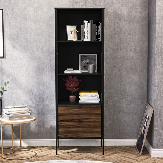 Photo of Opus wooden bookcase with 2 drawers in walnut and black