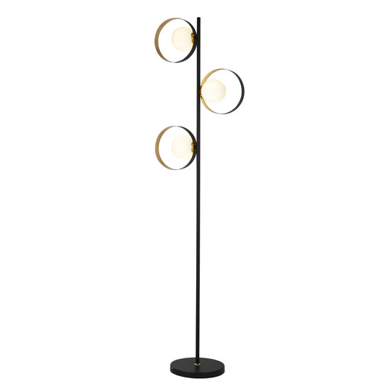 Read more about Orbital 3 floor lamp in matt black and gold leaf with opal glass