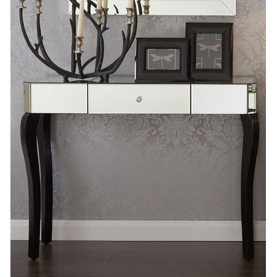 Orca Mirrored Console Table With Black Wooden Legs Orca Mirrored Console Table With Black, Mirrored Console Table With Storage
