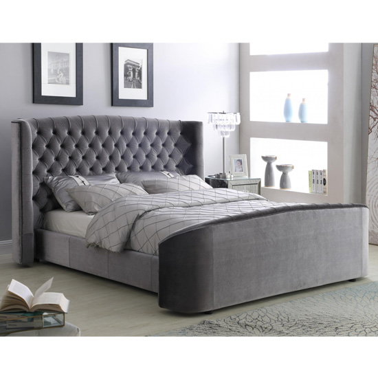 Oregon Velvet Upholstered King Size Bed In Silver FiF