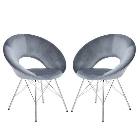 Product photograph of Orem Grey Velvet Dining Chairs With Chrome Metal Legs In Pair from Furniture in Fashion