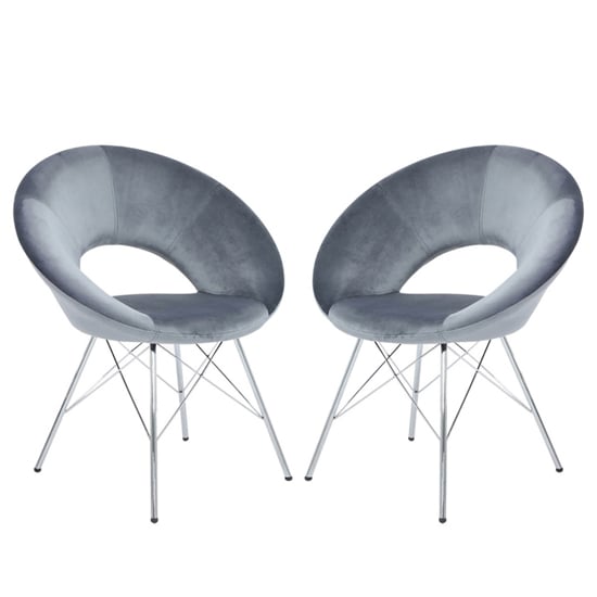 Orem Grey Velvet Dining Chairs With Chrome Metal Legs In Pair