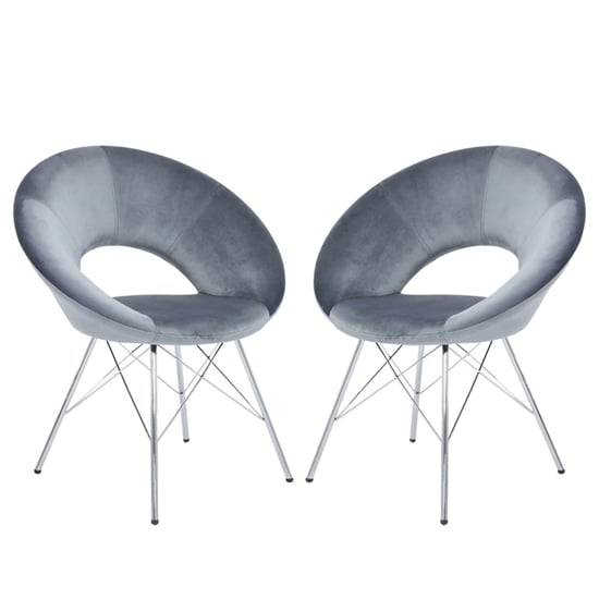 Orem Grey Velvet Dining Chairs With Chrome Metal Legs In Pair