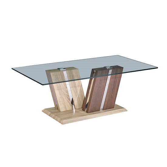 Product photograph of Oreo Glass Coffee Table In Clear With Light And Dark Wood Base from Furniture in Fashion