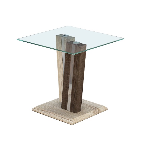 Photo of Oreo glass end table in clear with light and dark wood base