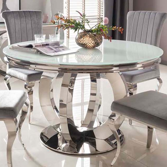 Product photograph of Oriana Round White Glass Dining Table With Polished Metal Base from Furniture in Fashion
