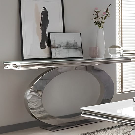 Read more about Oriana white glass console table with polished metal base