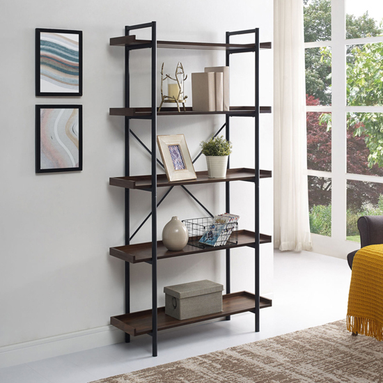 Product photograph of Orient Industrial Metal Bookcase With 5 Shelves In Dark Walnut from Furniture in Fashion