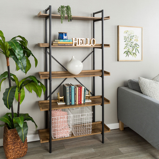 Product photograph of Orient Industrial Metal Bookcase With 5 Shelves In Woodgrain from Furniture in Fashion