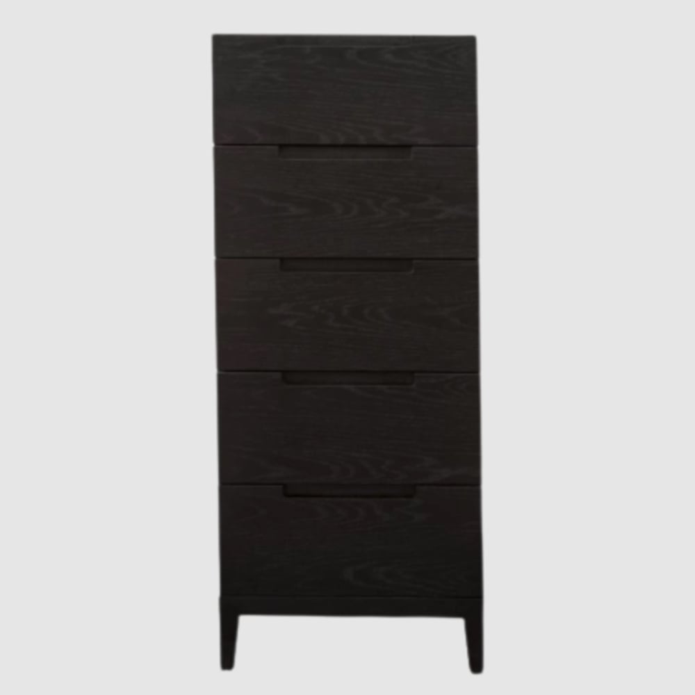 orillia narrow wooden chest of 5 drawers in wenge