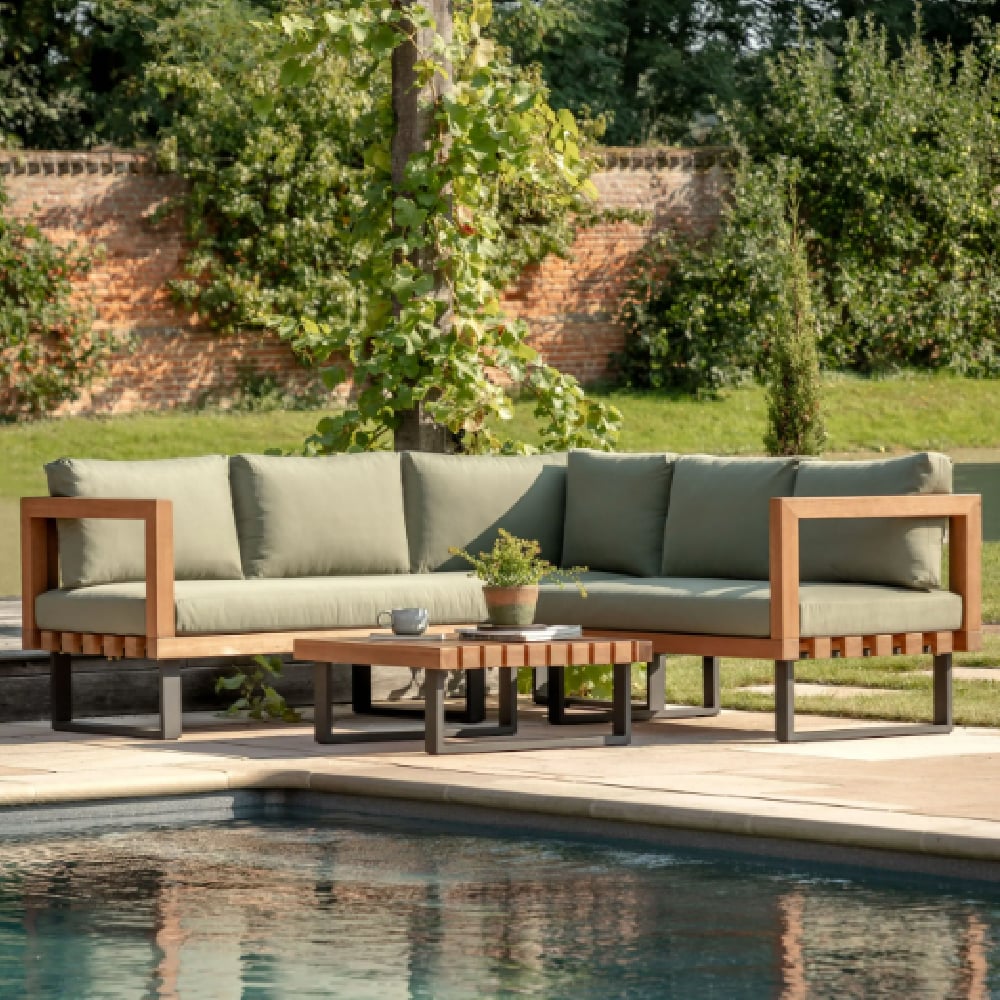 Orillia Outdoor Wooden Corner Sofa Set In Green And Natural