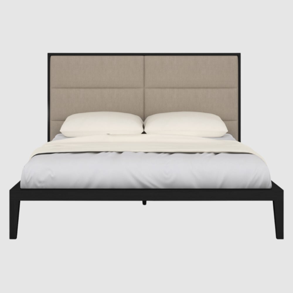 orillia wooden double bed with beige fabric headboard in wenge