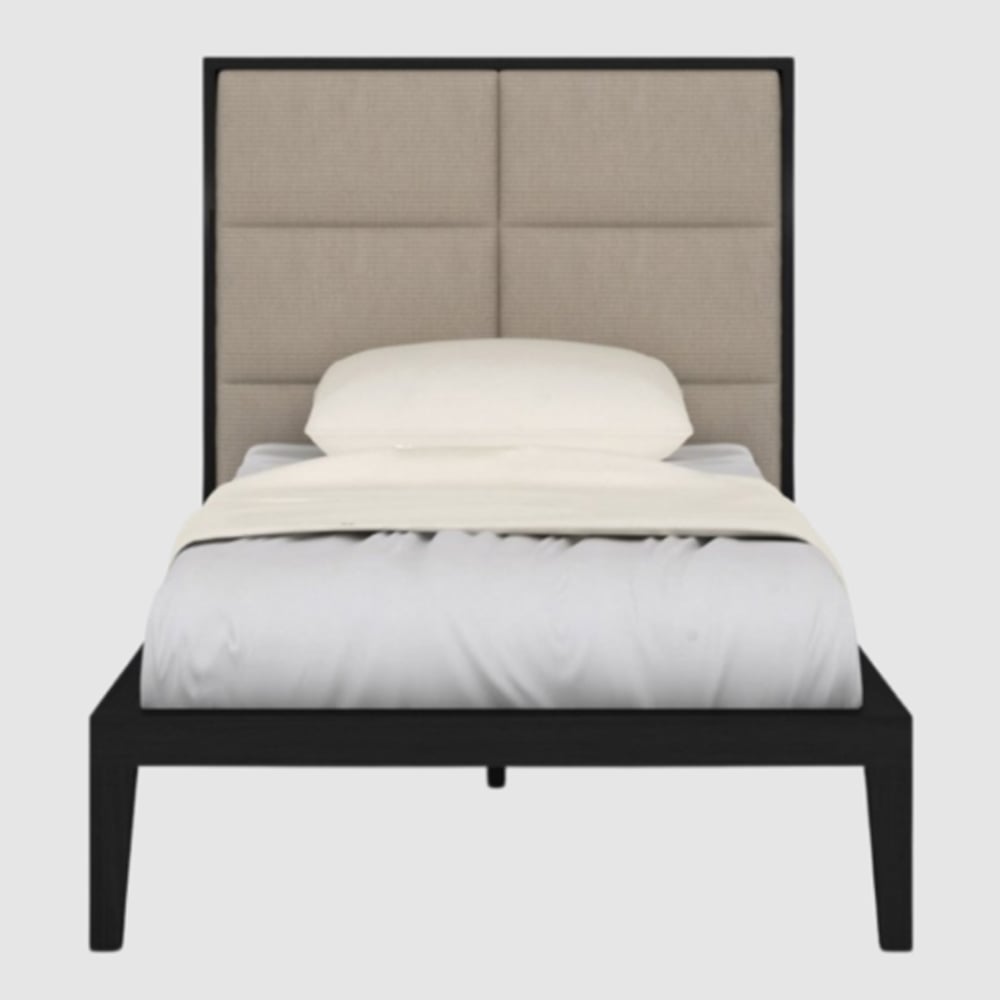 orillia wooden single bed with beige fabric headboard in wenge