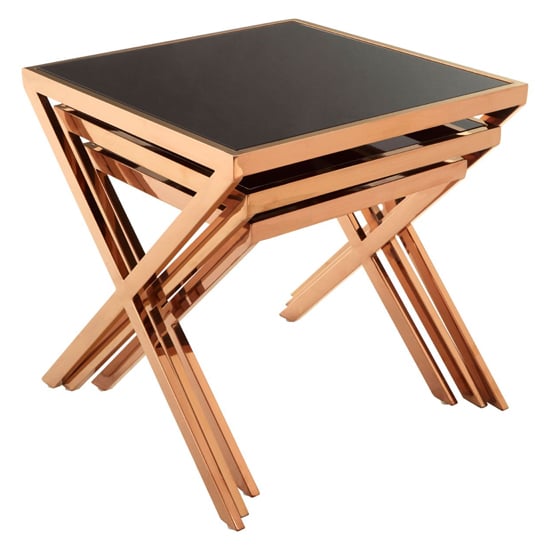 Product photograph of Orion Black Glass Top Nest Of 3 Tables With Cross Gold Frame from Furniture in Fashion