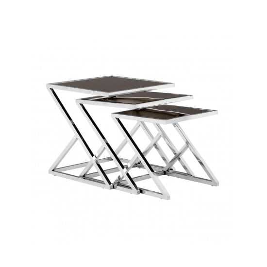 Orion Glass Nest of 3 Tables In Black With Silver Frames Furniture in