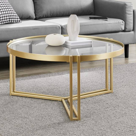 Orlando Clear Glass Coffee Table Round With Gold Metal TriLeg