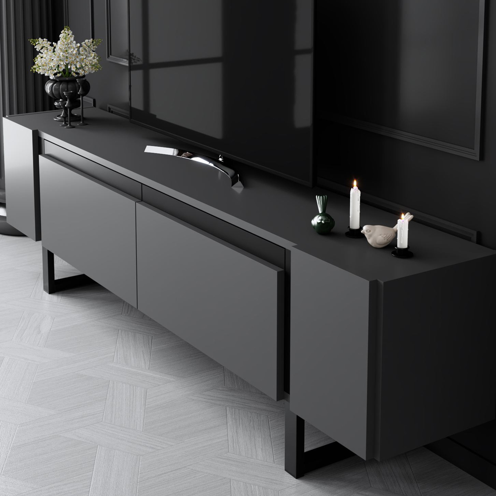 Orlento Wooden TV Stand with Black Metal Legs in Anthracite