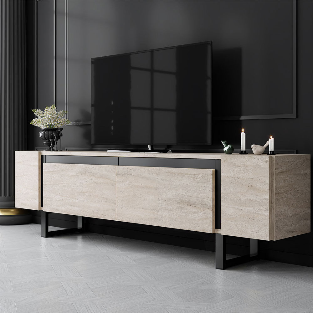 Orlento Wooden TV Stand with Black Metal Legs in Travertine Marble Effect