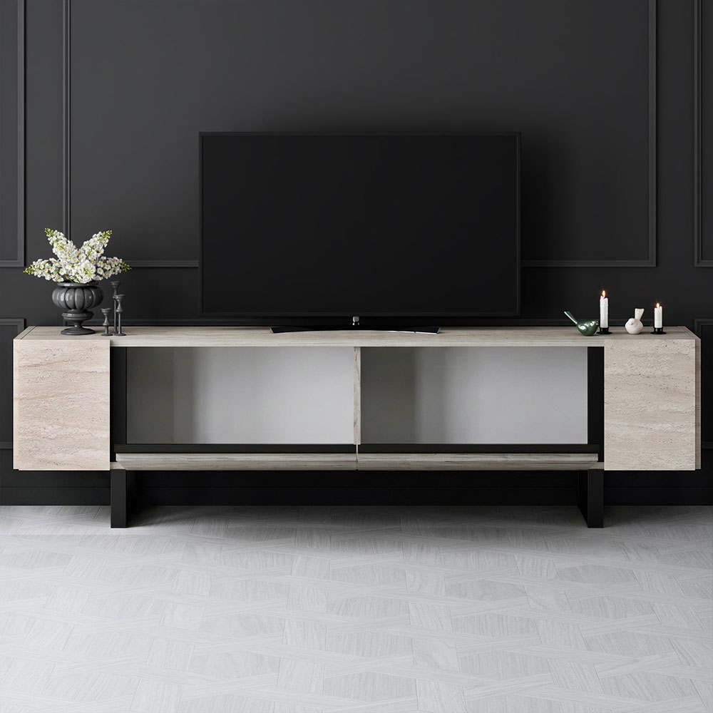Orlento Wooden TV Stand with Black Metal Legs in Travertine Marble Effect
