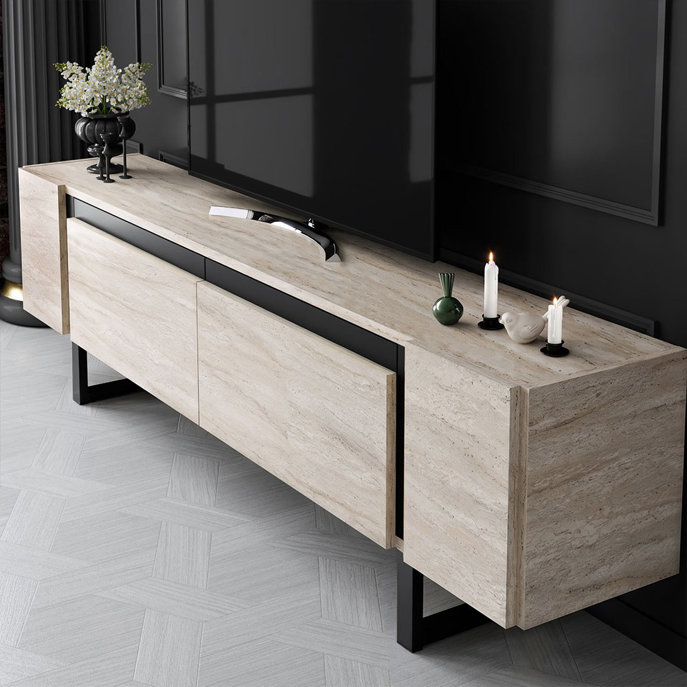 Orlento Wooden TV Stand with Black Metal Legs in Travertine Marble Effect